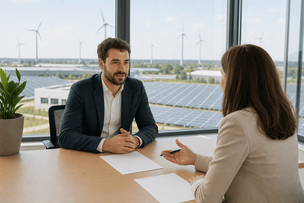 #01 - Salaires dans les énergies renouvelables 2026 : le baromètre 4 Recruteur et candidate en entretien face à un parc éolien et solaire : salaire énergies renouvelables 2026