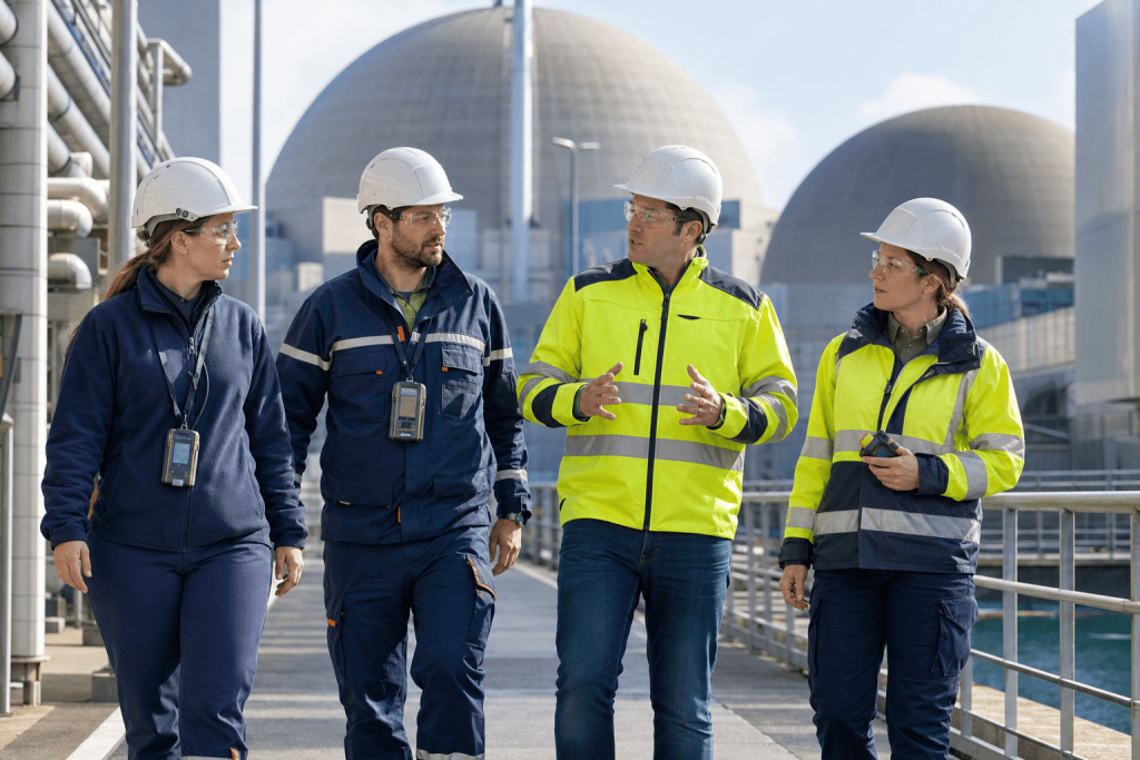 #02 - Travailler dans le nucléaire bas carbone : les métiers 4 Quatre salariés en tenue de travail devant les dômes d'une centrale : les métiers du nucléaire bas carbone