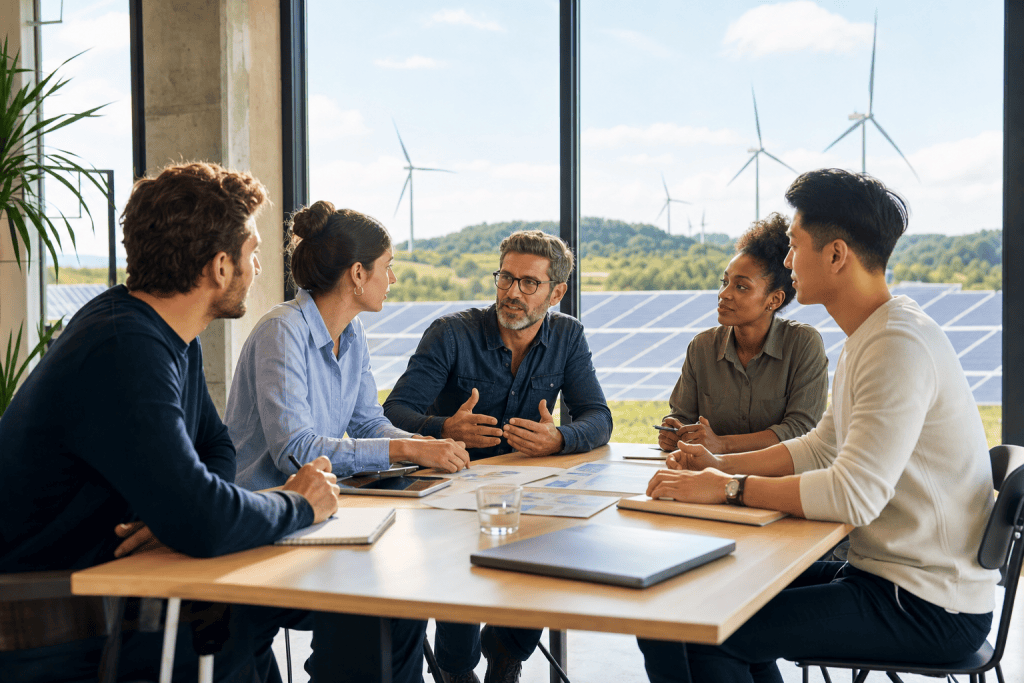 #03 - Recruter dans les énergies renouvelables et décarbonées : le guide employeur 3 Réunion d'équipe face à un parc éolien et solaire : recruter dans les énergies renouvelables
