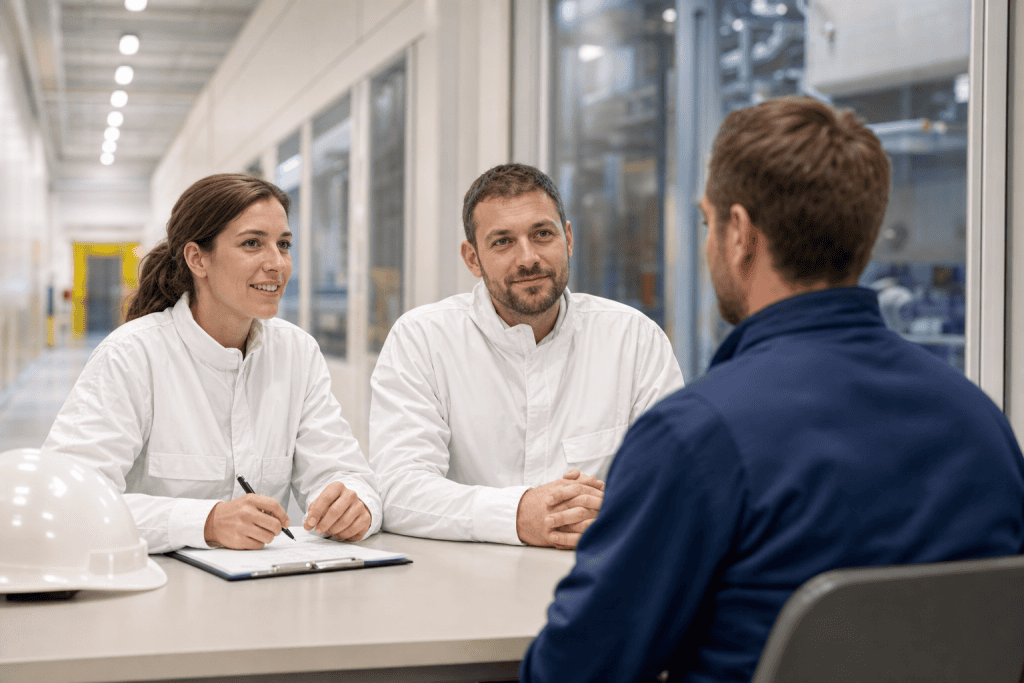 #04 - Recruter dans le nucléaire : le guide employeur 2026 2 Entretien d'embauche entre deux responsables en blouse et un candidat : recruter nucléaire, guide employeur