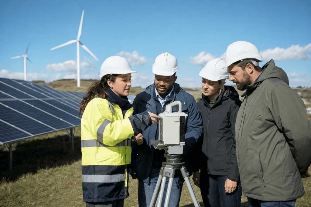 #07 - Les métiers des énergies renouvelables : le guide complet 3 Équipe en relevé topographique entre panneaux solaires et éoliennes : les métiers des énergies renouvelables