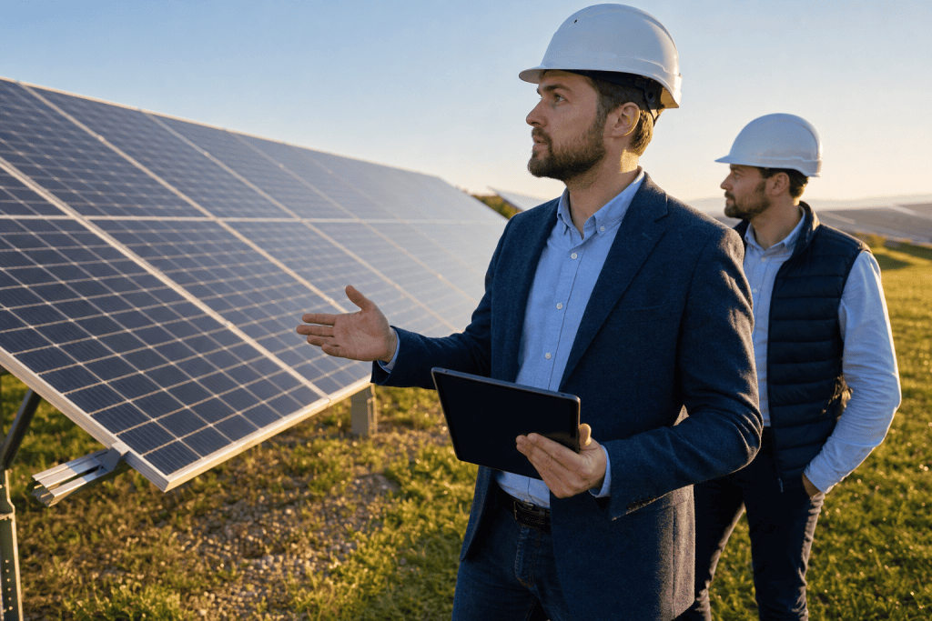 #08 - Salaire chef de projet photovoltaïque en 2026 : combien gagne-t-on ? 2 Chef de projet photovoltaïque avec sa tablette devant une centrale solaire : salaire chef de projet photovoltaïque
