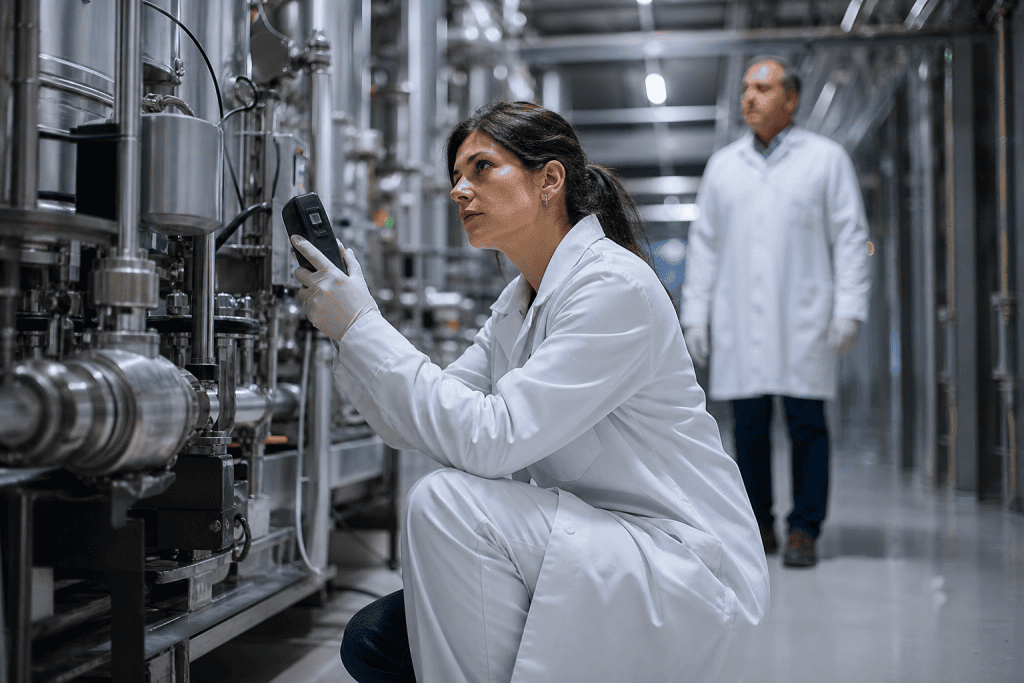 #11 - Ingénieur sûreté nucléaire : la fiche métier 1 Ingénieure en blouse blanche contrôlant une installation : la fiche métier d'ingénieur sûreté nucléaire