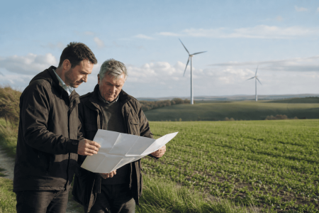 Deux hommes examinant un plan face à des éoliennes : le métier de développeur foncier énergies renouvelables
