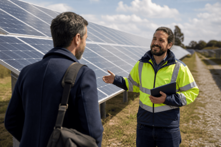 Technicien expliquant une installation solaire à un visiteur en costume : se reconvertir dans les énergies renouvelables