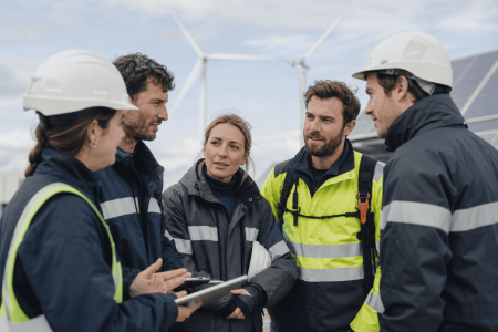 Techniciens et ingénieurs en discussion devant un parc éolien : le glossaire des métiers des énergies renouvelables