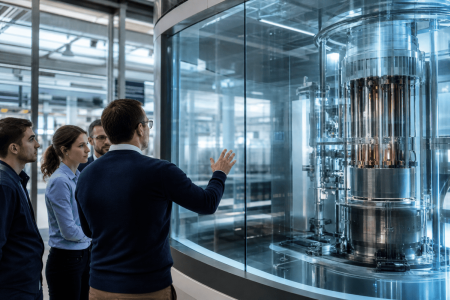 Visiteurs devant la maquette d'un petit réacteur modulaire : les tendances du recrutement nucléaire et SMR